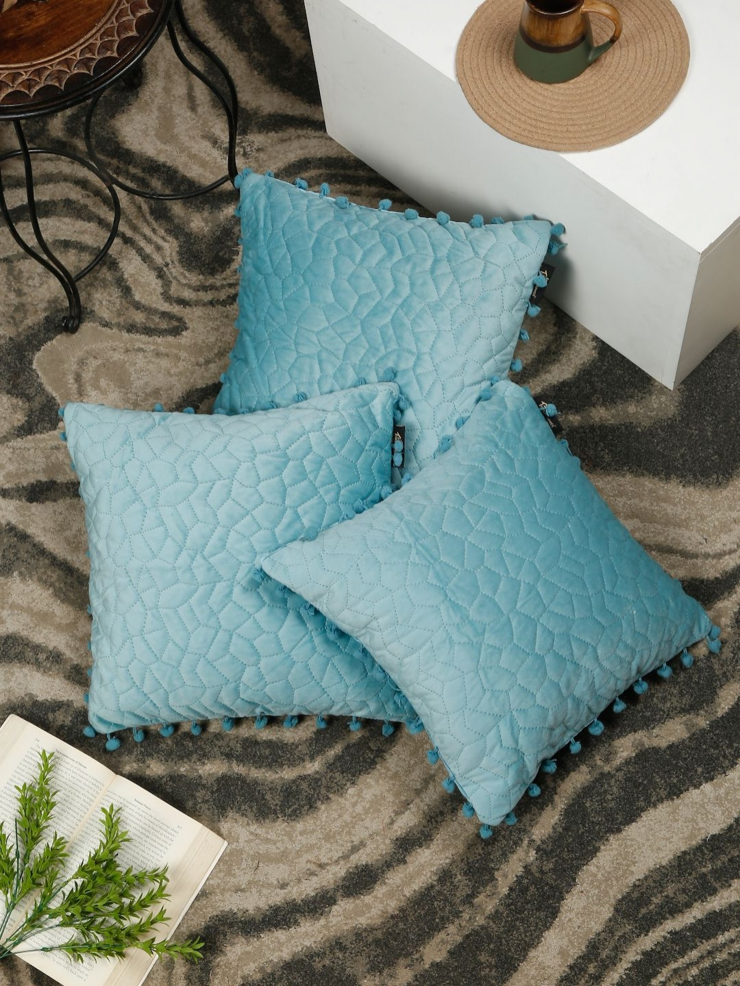 HOSTA HOMES QUILTED VELVET POM POM Geometric Velvet 3 Pcs Cushion Covers - 16x16In