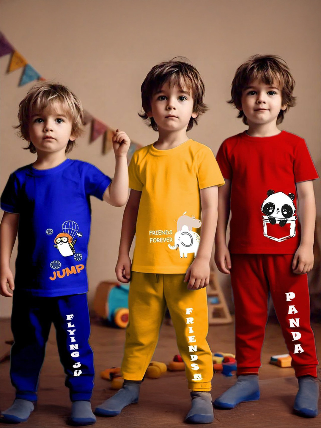 Toddylon Kids Pack Of 3 Printed Pure Cotton T-Shirts With Joggers