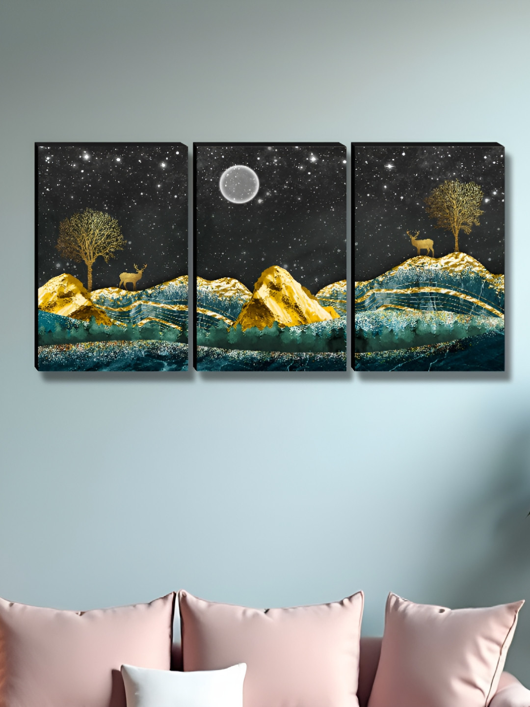 SAF Blue & Black 3 Pieces Night Vision Printed Wooden Wall Art