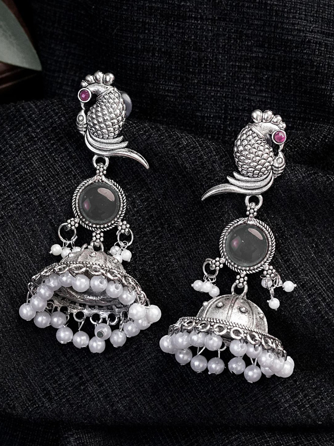 Zoey Silver Plated Pearls Beaded Parrot Shaped Oxidised Jhumkas
