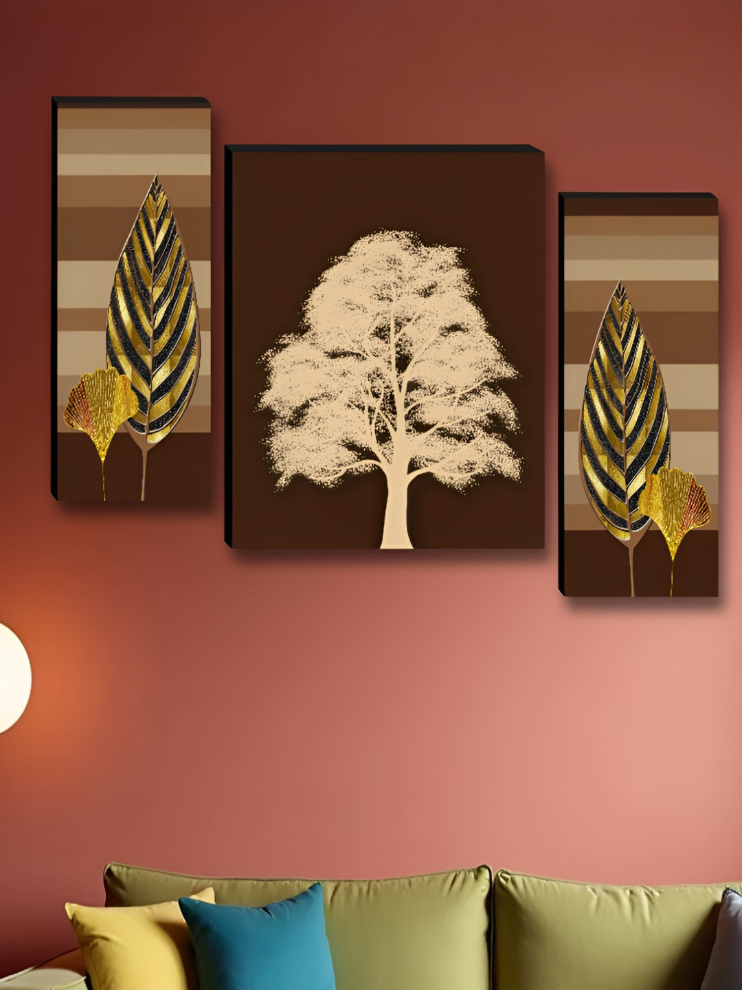 SAF Beige & Maroon 3 Pieces Tree & Leaf Printed Wooden Wall Art