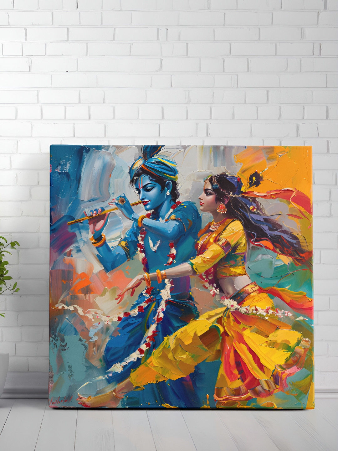 Aura Blue & Yellow Religious Printed Radha Krishna Canvas Wall Art