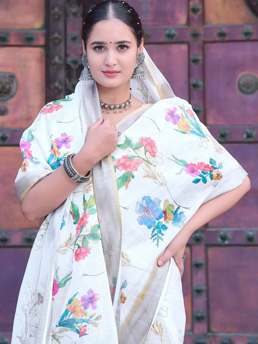 Anouk Rustic Floral Digital Printed Zari Saree