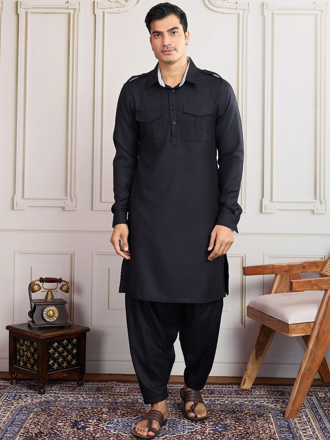 House of Pataudi  Shirt Collar Neck Pathani Kurta With Salwar