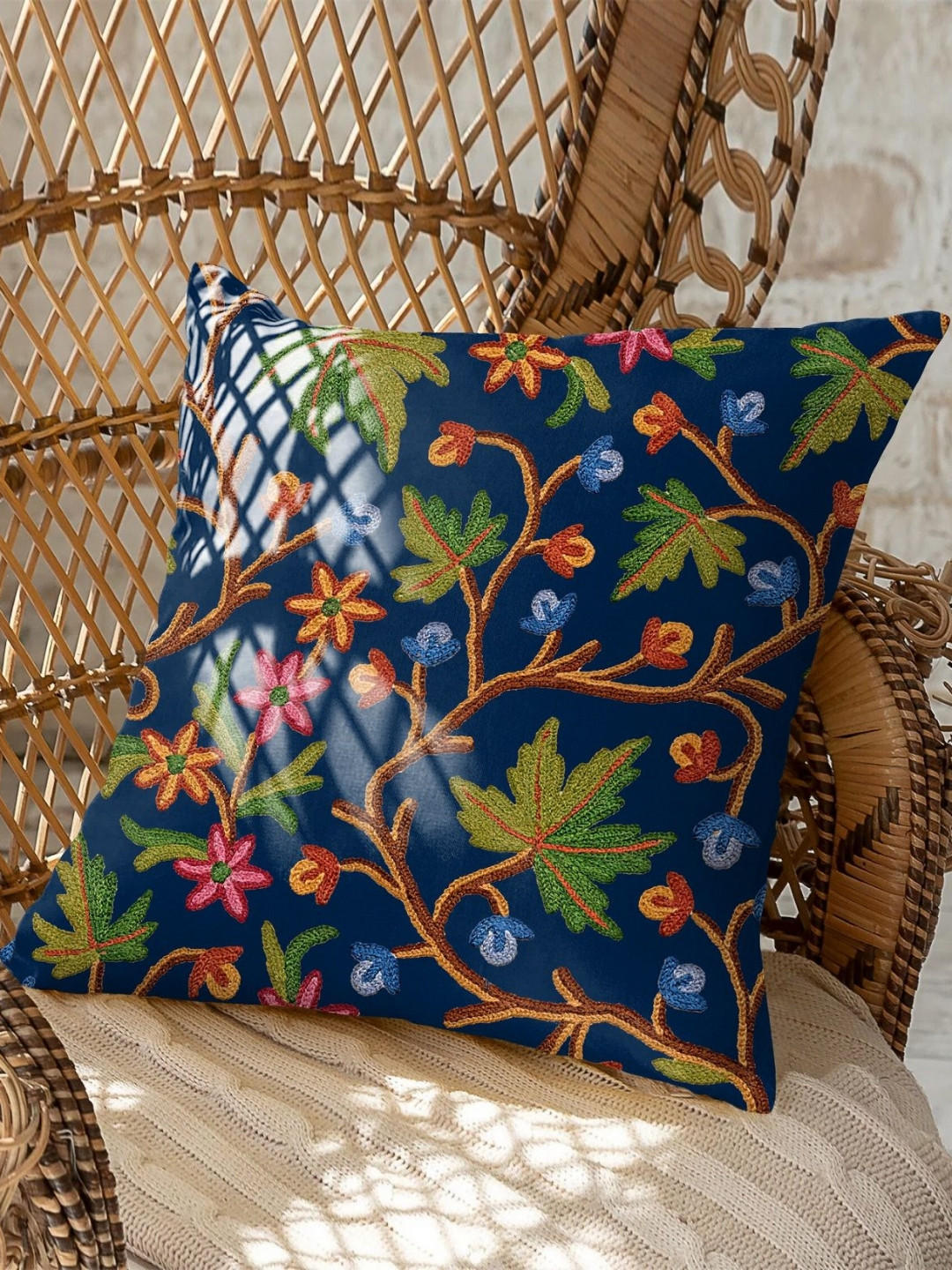 CASABLEU Navy Blue & Green 2 Pieces Floral Embroidered Square Cushion Covers- 18 x 18 In