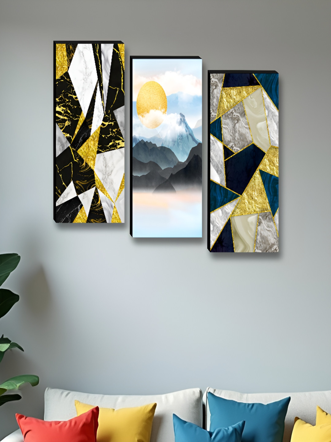 Aura Sun Painting Wood 3 Piece Wall Rectangle Paintings Wall Art - 15 x 6 In