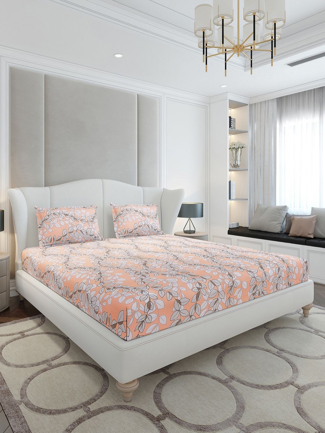 Monte Carlo Orange Floral Polyester 120 TC Queen Bedsheet with 2 Pillow Covers-91 x 98 inches