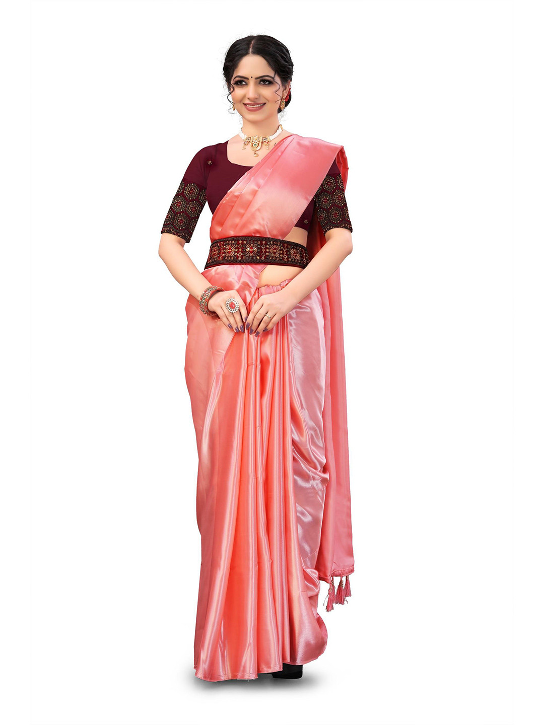 Kandora Satin Belted Saree With Unstiched Embroidered Blouse Piece