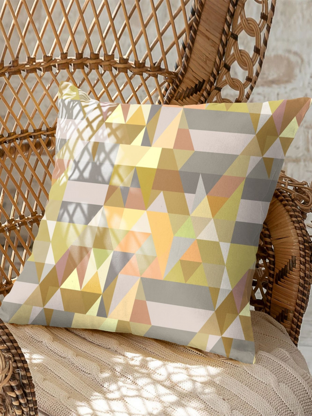 CASABLEU Premium Ruga Yellow Geometric Polyester 2 Pcs Patchwork Cushion Covers -16x16In