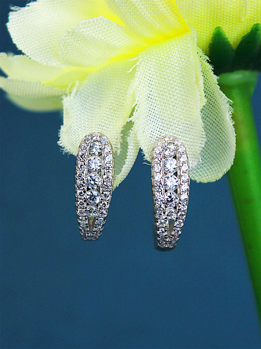 DEVASHREE 925 Sterling Silver Rhodium-Plated CZ Studded Floral Clip On Hoop Earrings