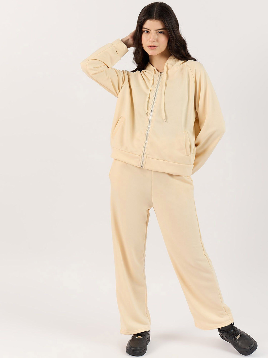 Outzidr Solid Beige Hoodie Co-Ord Set