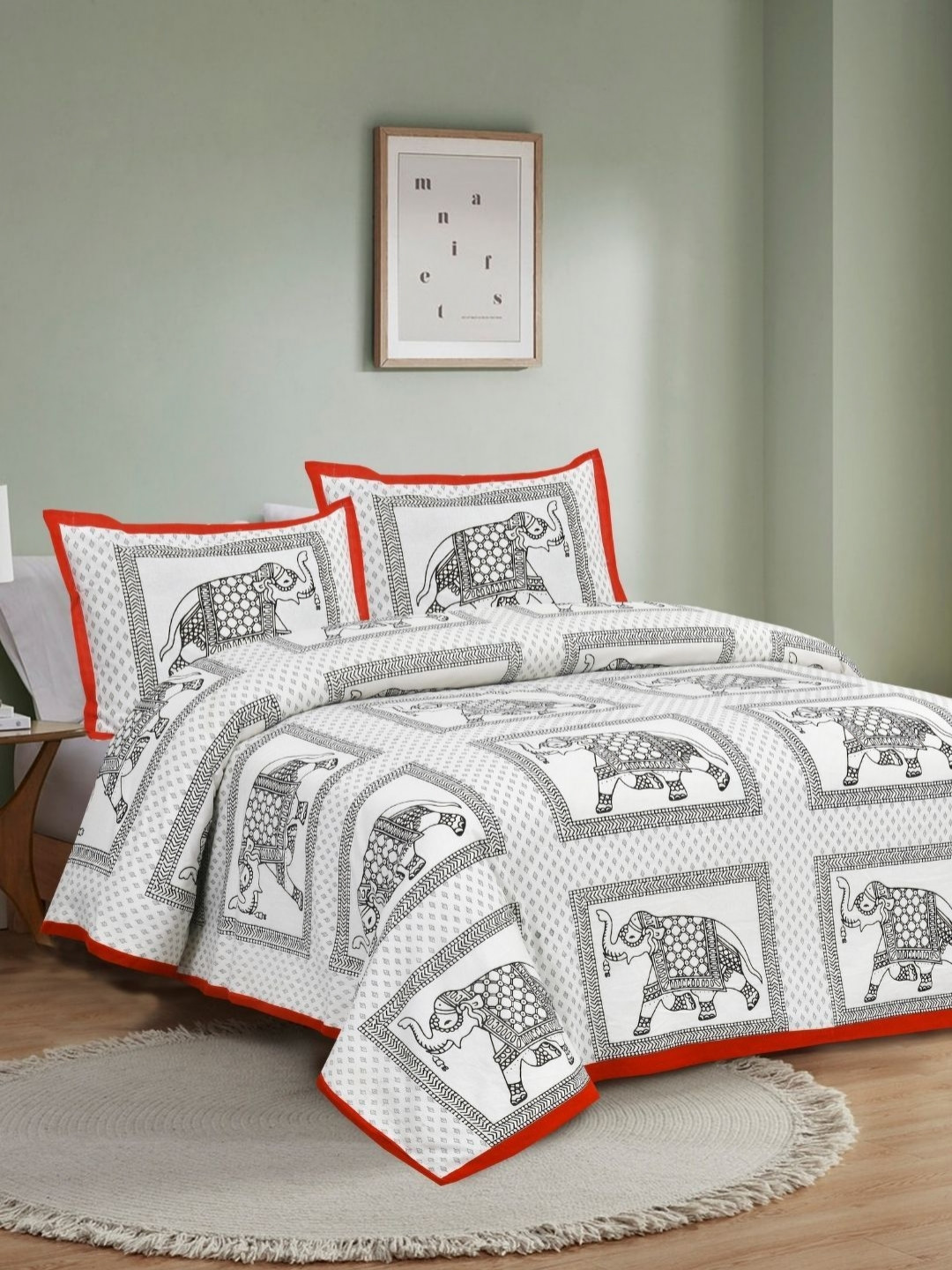 BED-SHEET.COM White Graphic Cotton 240 TC King Fine Bedsheet with 2 Pillow Covers-100 x 108 inches