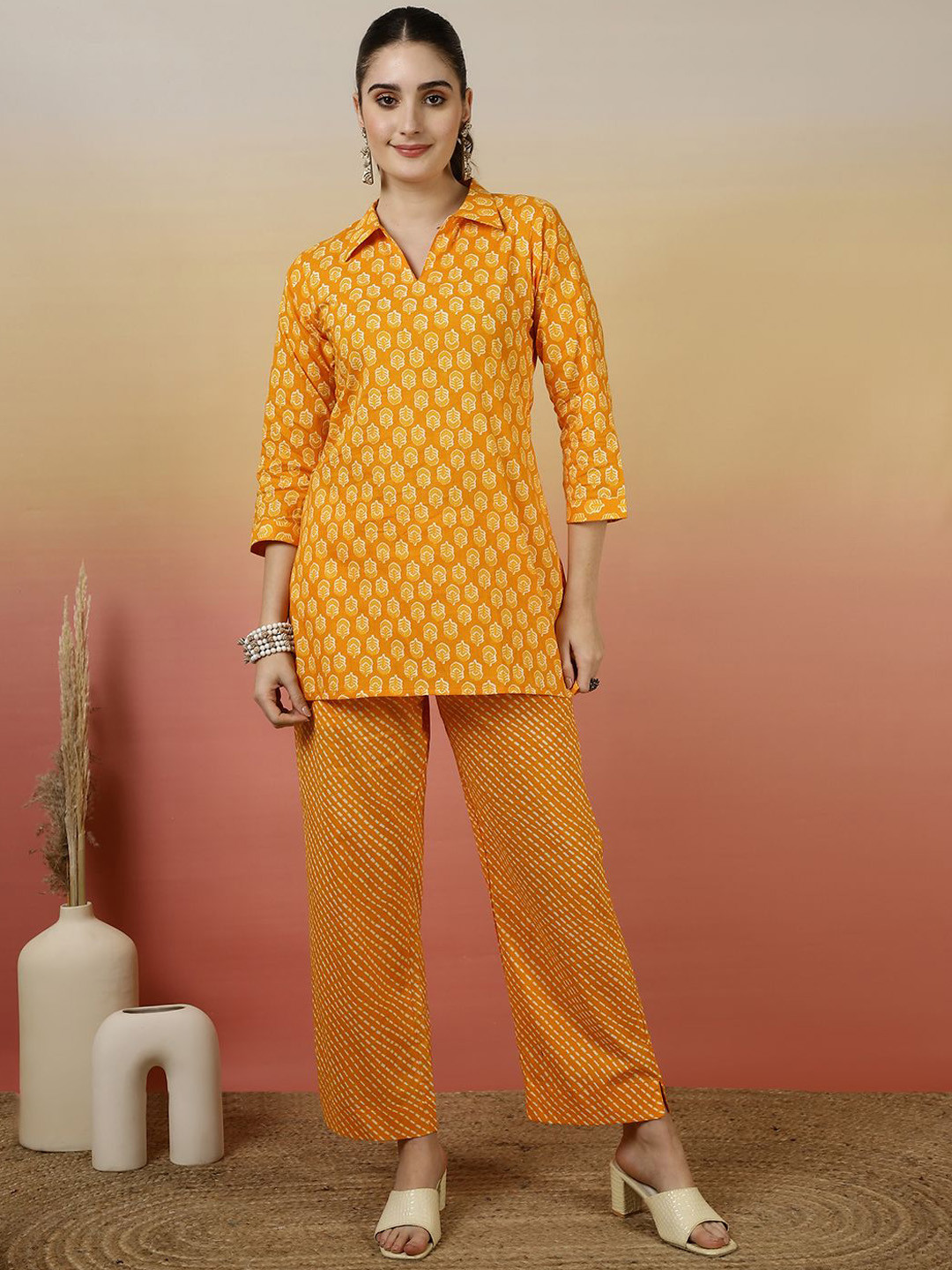 Glam Roots Printed Shirt Collar Pure Cotton Tunic With Trousers