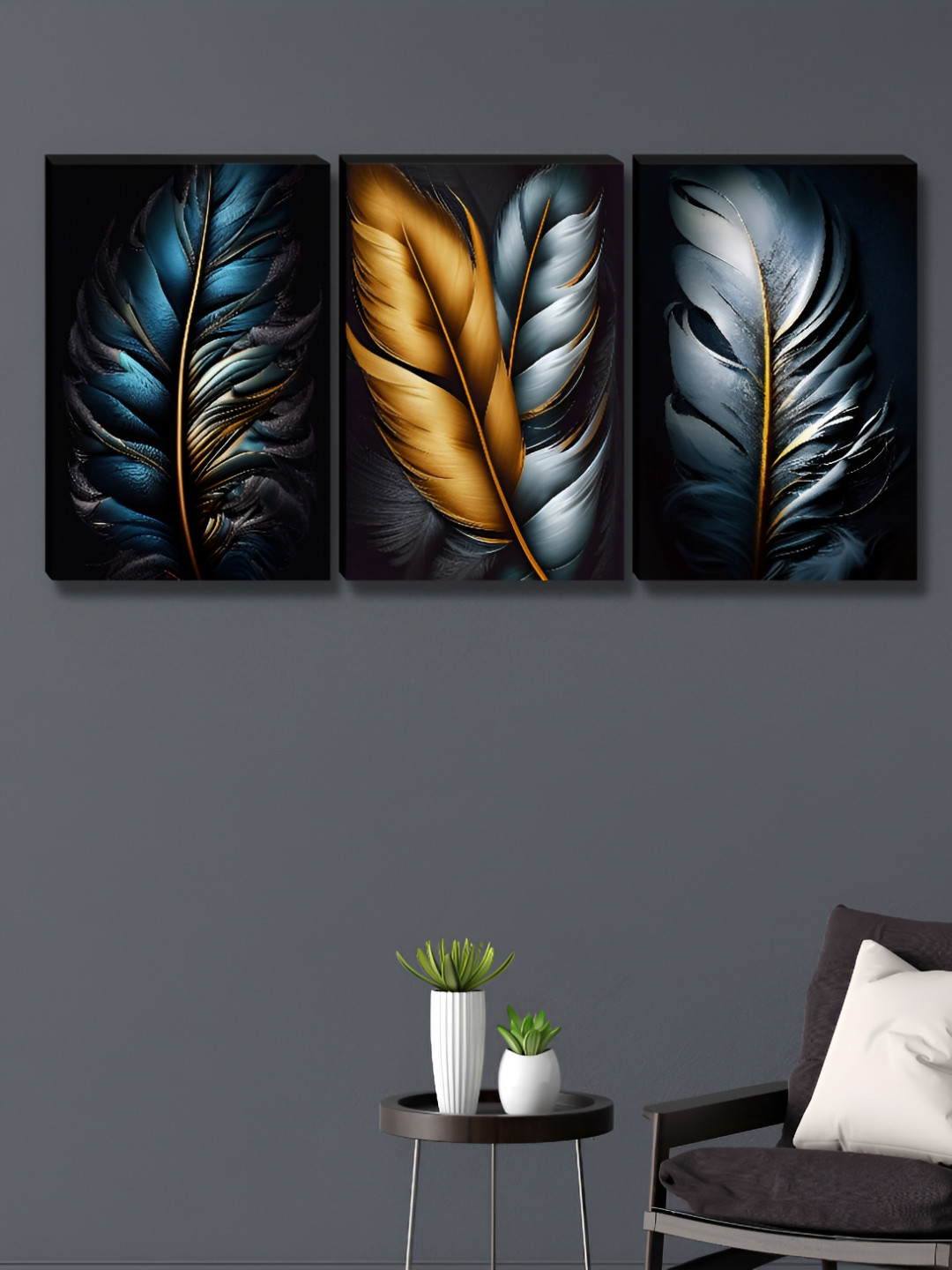 SAF Black & Teal 3 Pieces Wood Floral and Botanical Wall Art
