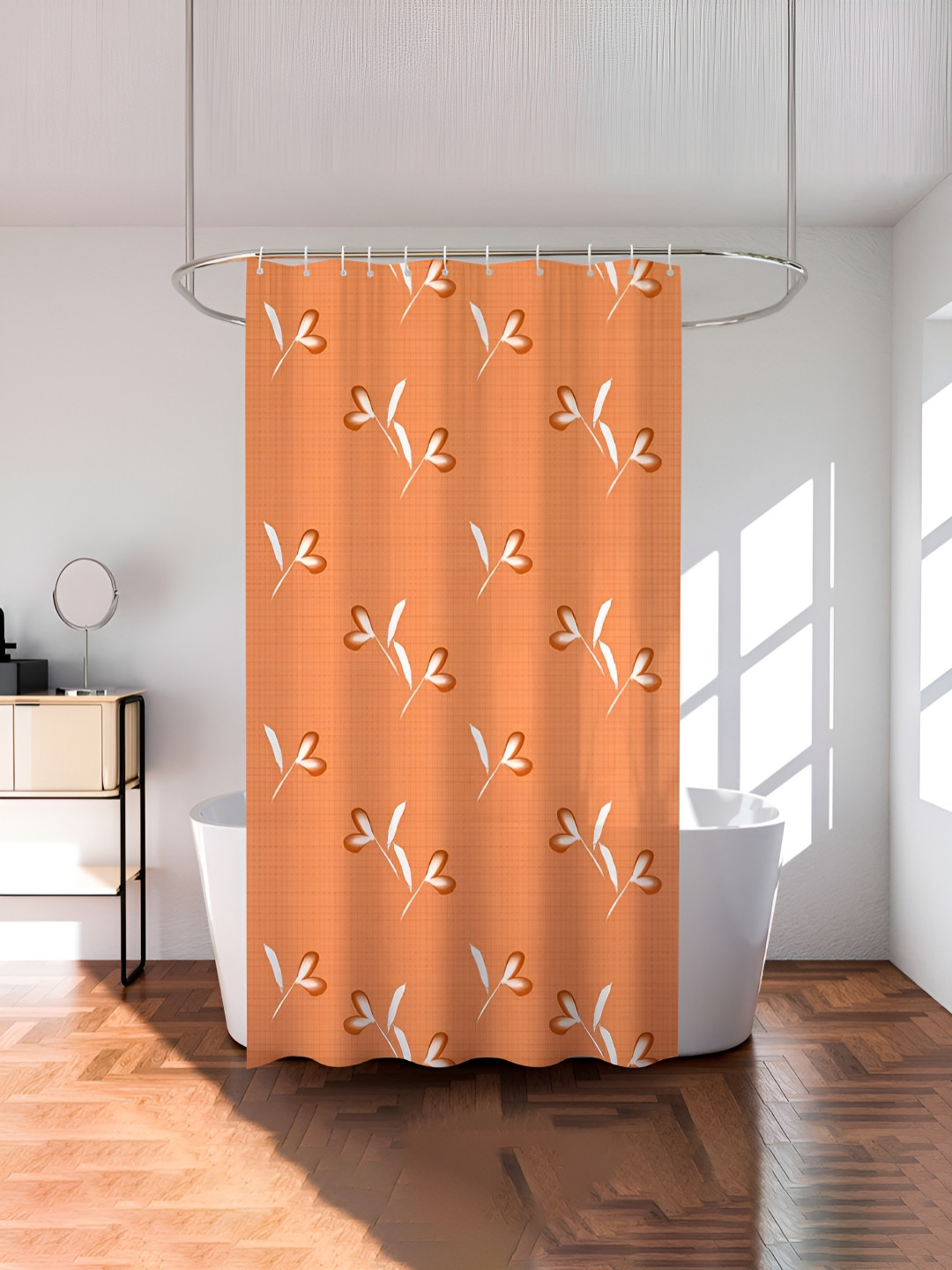 Aura Brown & White Floral Printed Durable Waterproof Shower Curtain With 8 Rings
