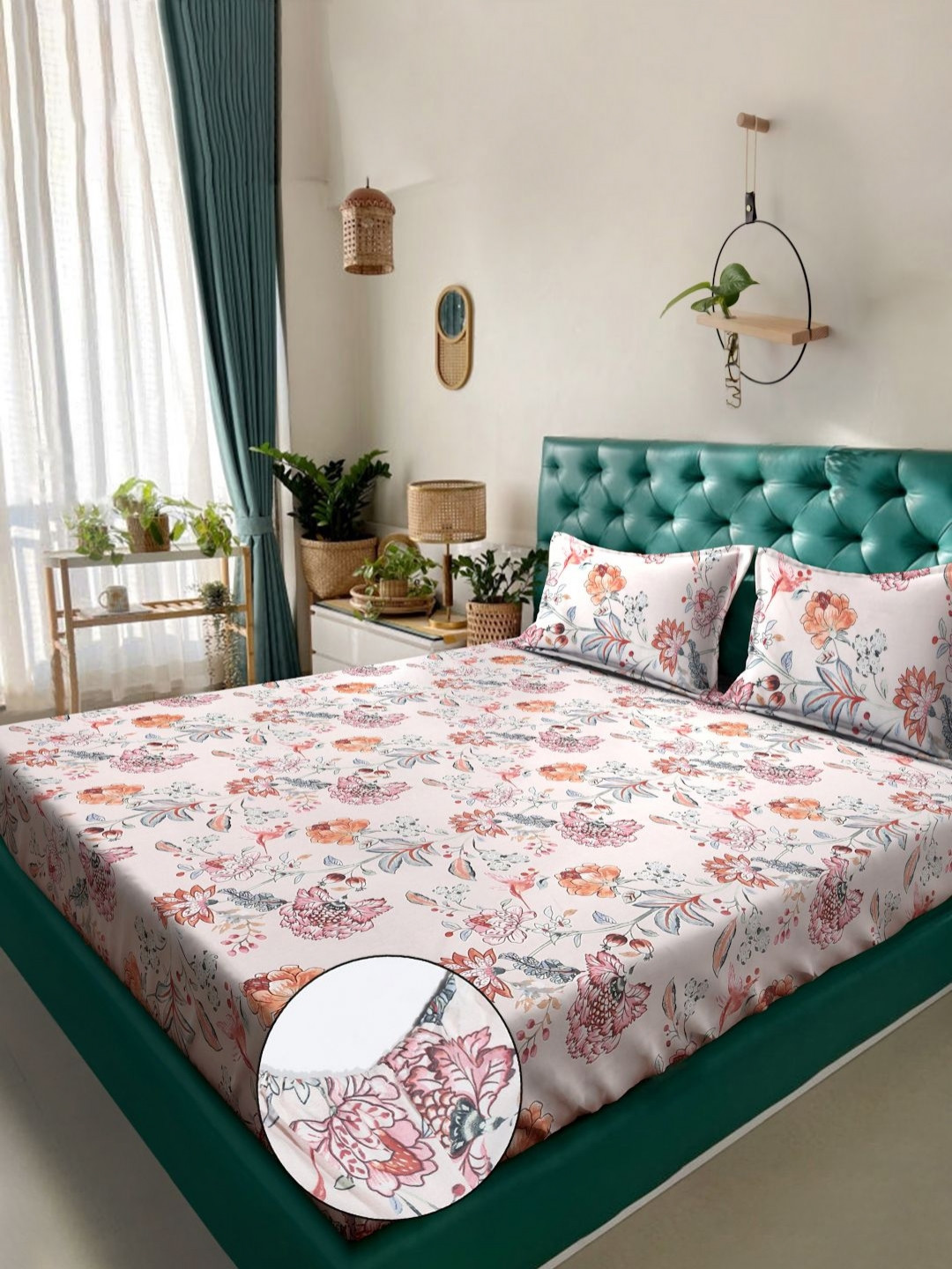 KLOTTHE Jersey Cream Floral Cotton 300 TC Fitted King Fine Bedsheet with 2 Pillow Covers-250 x 225 cm