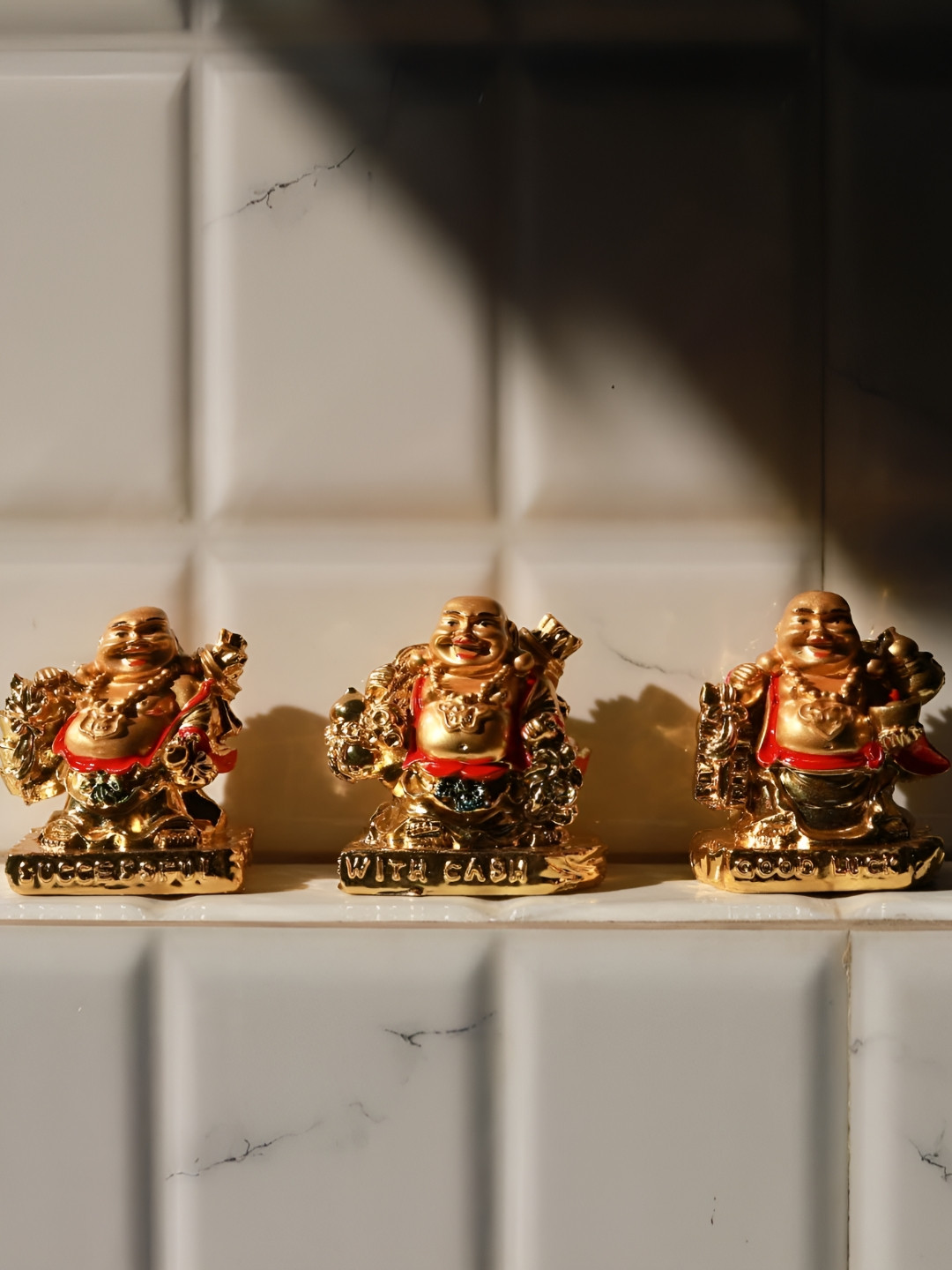 The Spiritual Living Laughing Buddha Gold Polyresin Glossy Home Office Set of 3 Small Showpieces - 3 Inches