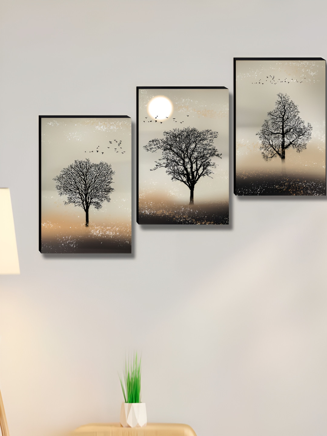SAF Black & Green 3 Pieces Tree And Sun Printed Wooden Wall Art