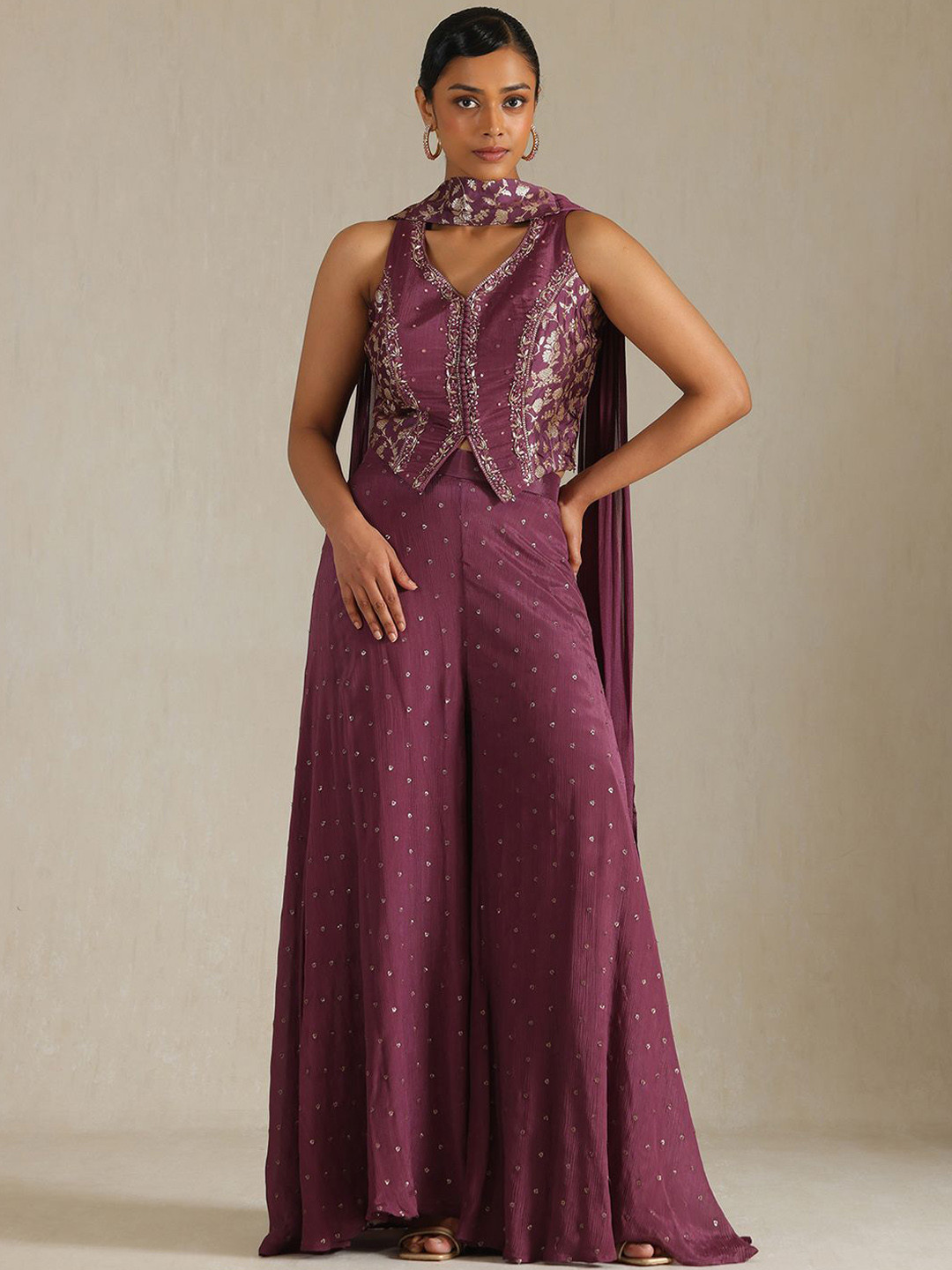 Soch Floral Woven Design V-Neck Chinon Top With Palazzo & Dupatta
