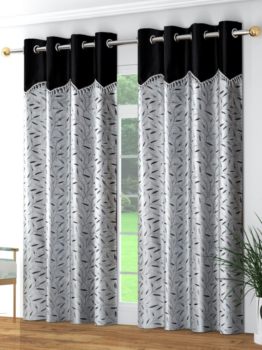 Galaxy Home Decor Black & Grey 2 Pieces Floral Printed Long Door Curtains