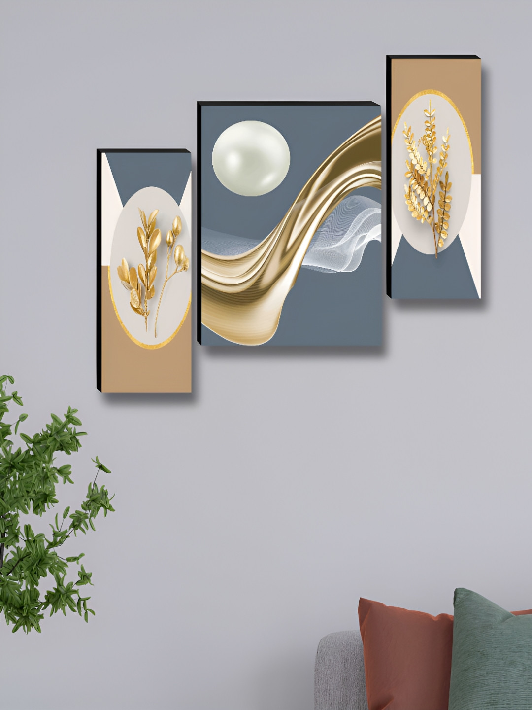 SAF Wood 3 Piece Wall Rectangle Paintings Wall Art - 30 x 12 In