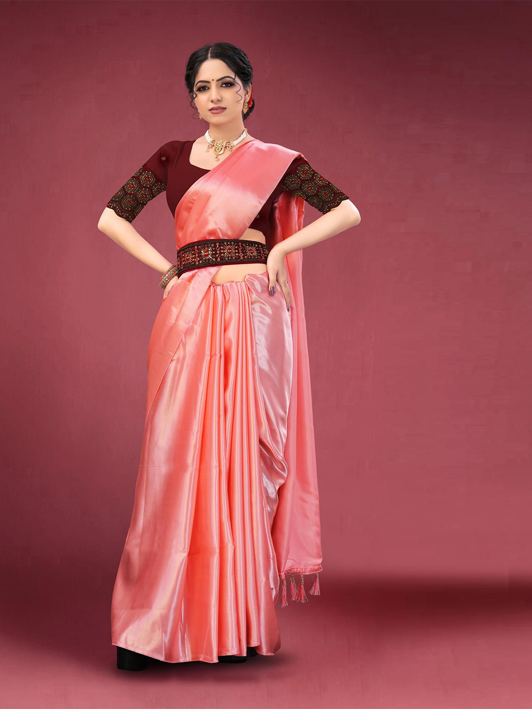 Kandora Solid Satin Belted Saree With Unstiched Embroidered Blouse Piece
