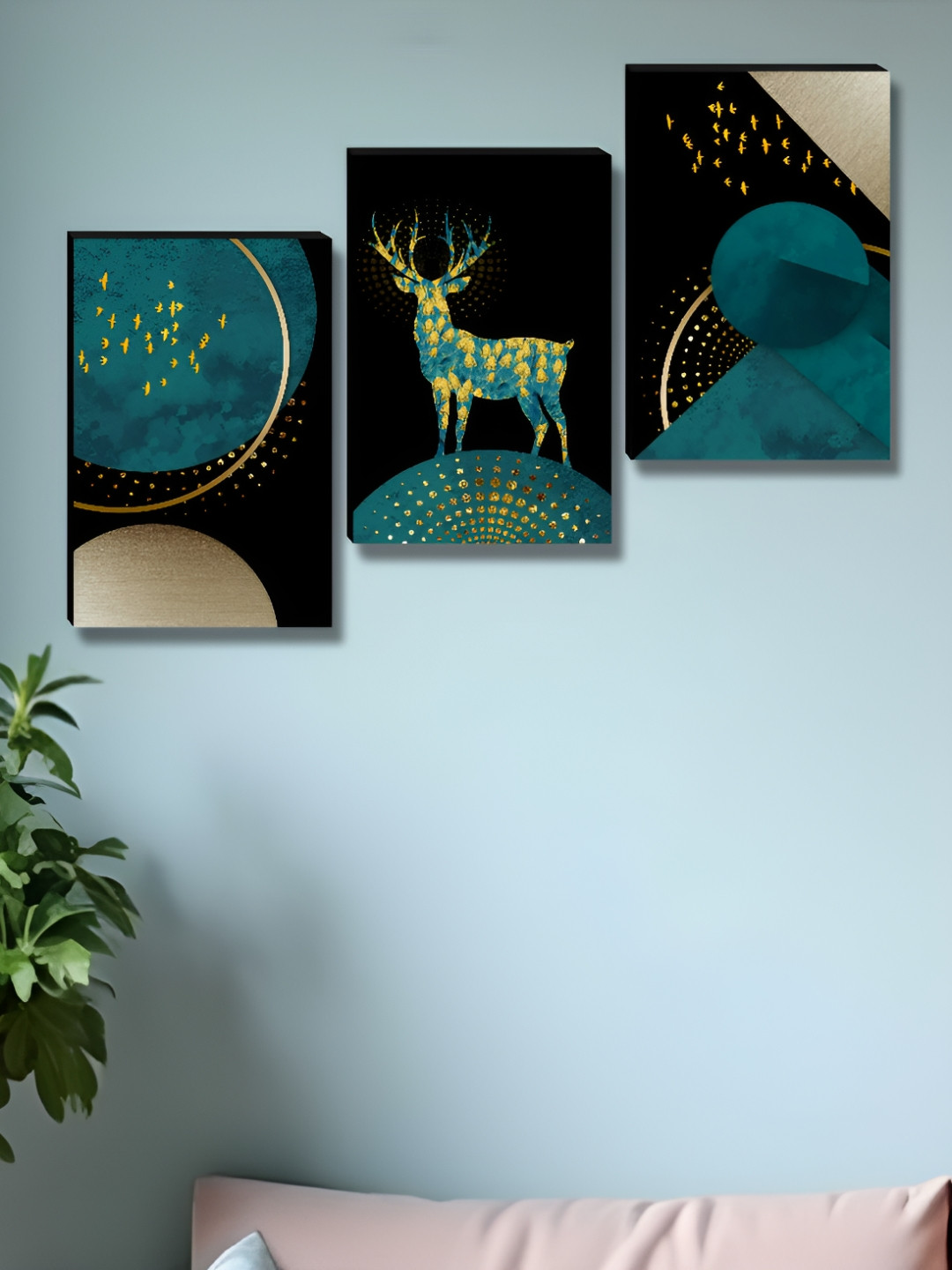 Aura Black And Blue 3 Pieces Deer Wall Paintings