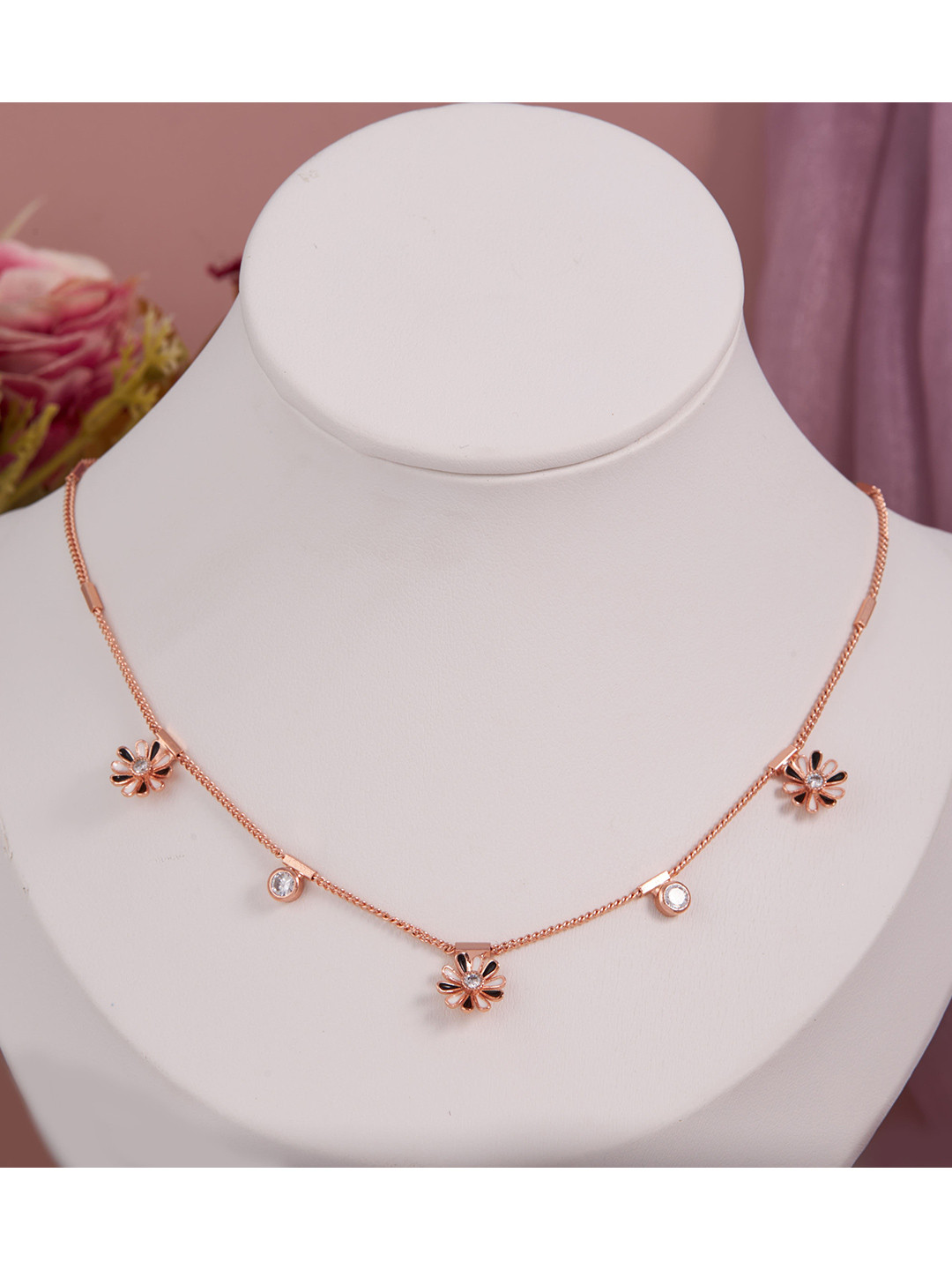GC Jewelery Stainless Steel Rose Gold-Plated American Diamond Studded Necklace