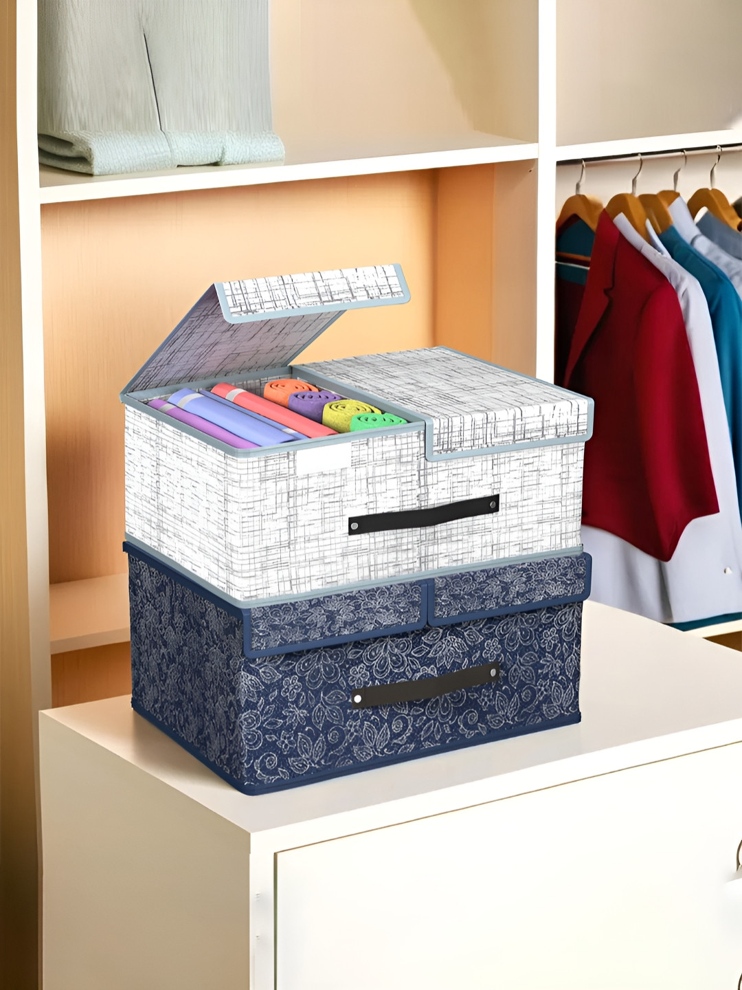Aura Navy Blue 2 Pcs Cloth Organisers for Wardrobe Small Foldable Storage Box Double Lid