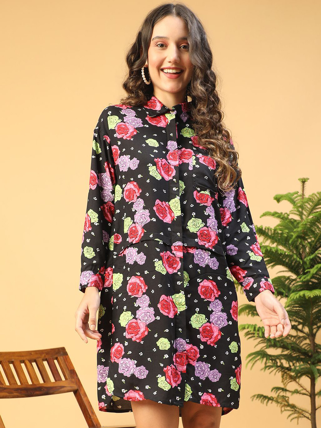 Oxolloxo Women Floral Print Collar Button Down Knee Length Shirt Dress