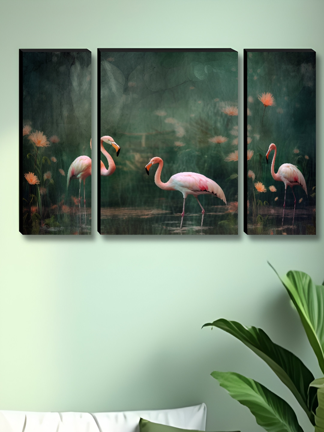SAF Pink & Green 3 Pieces Wood Birds and Animals Wall Art