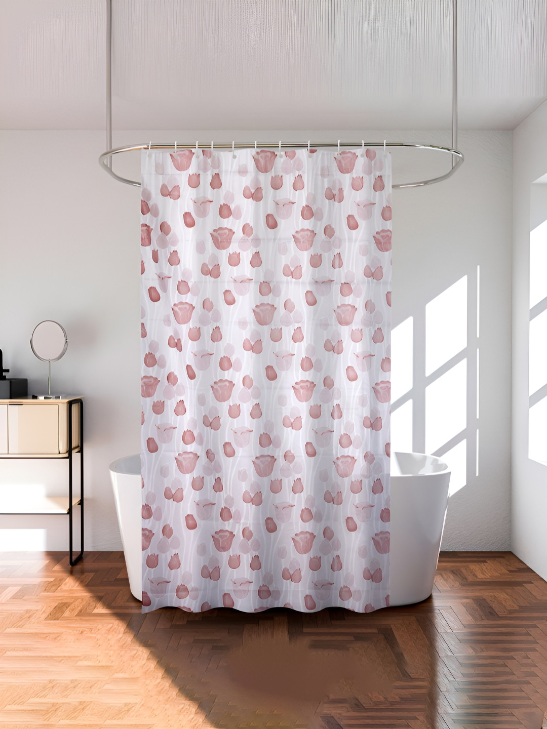 Aura White & Pink Printed Curtain With 8 Rings