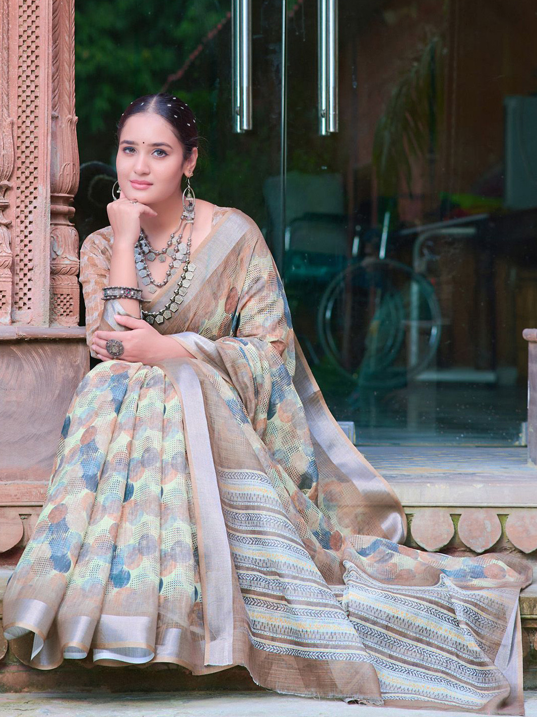 Anouk Rustic Digital Printed Zari Border Saree