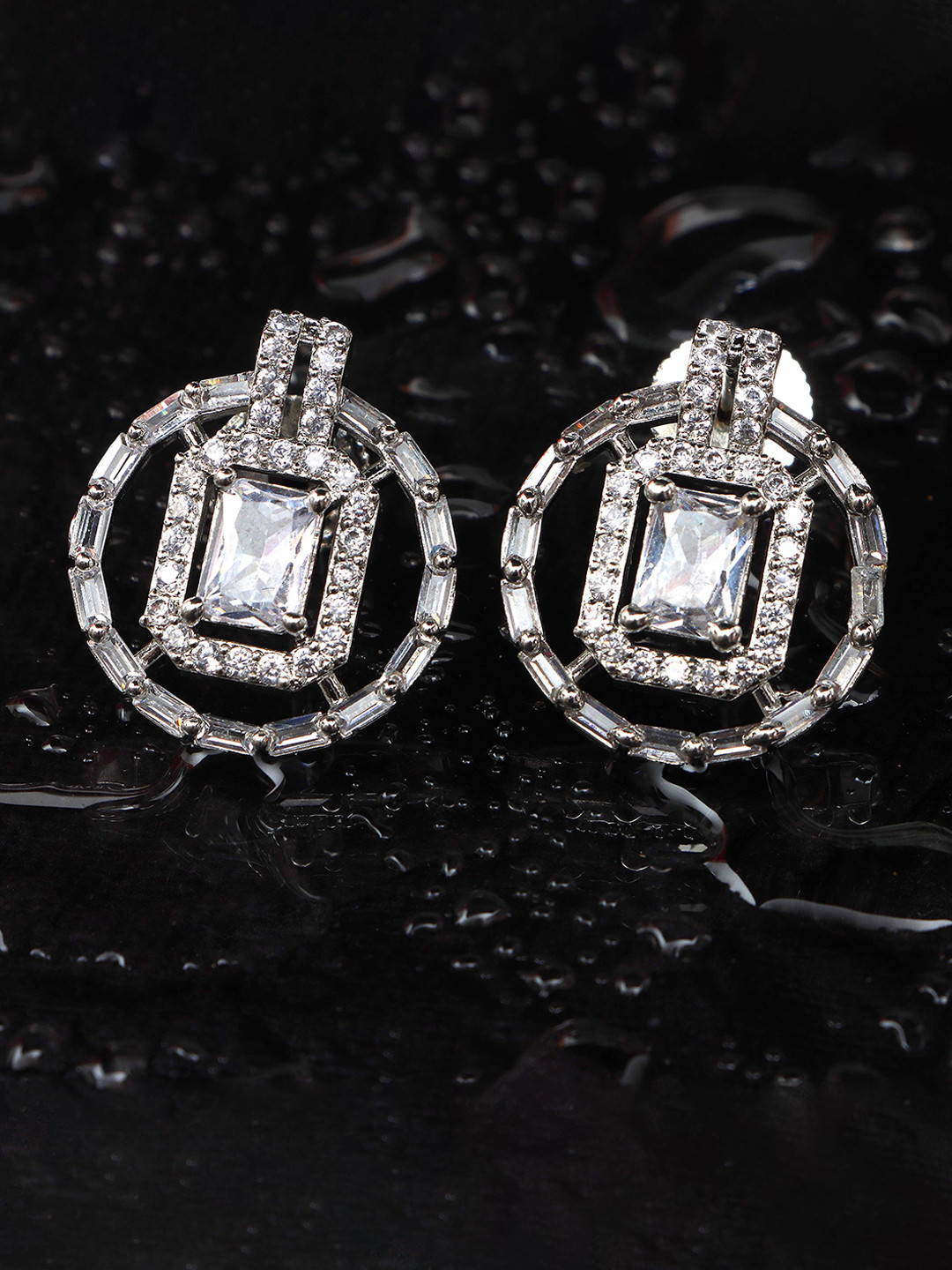 JYONA Sparkling Silver-Plated American Diamond Studded Circular Studs