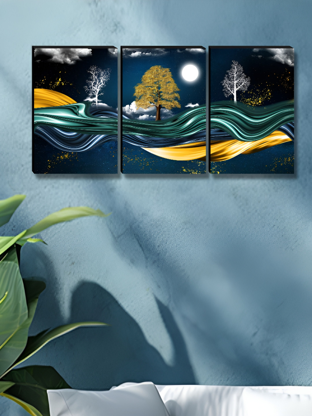 Aura Tree & Moon Wood 3 Pcs Wall Rectangle Paintings Wall Art -36x 12In