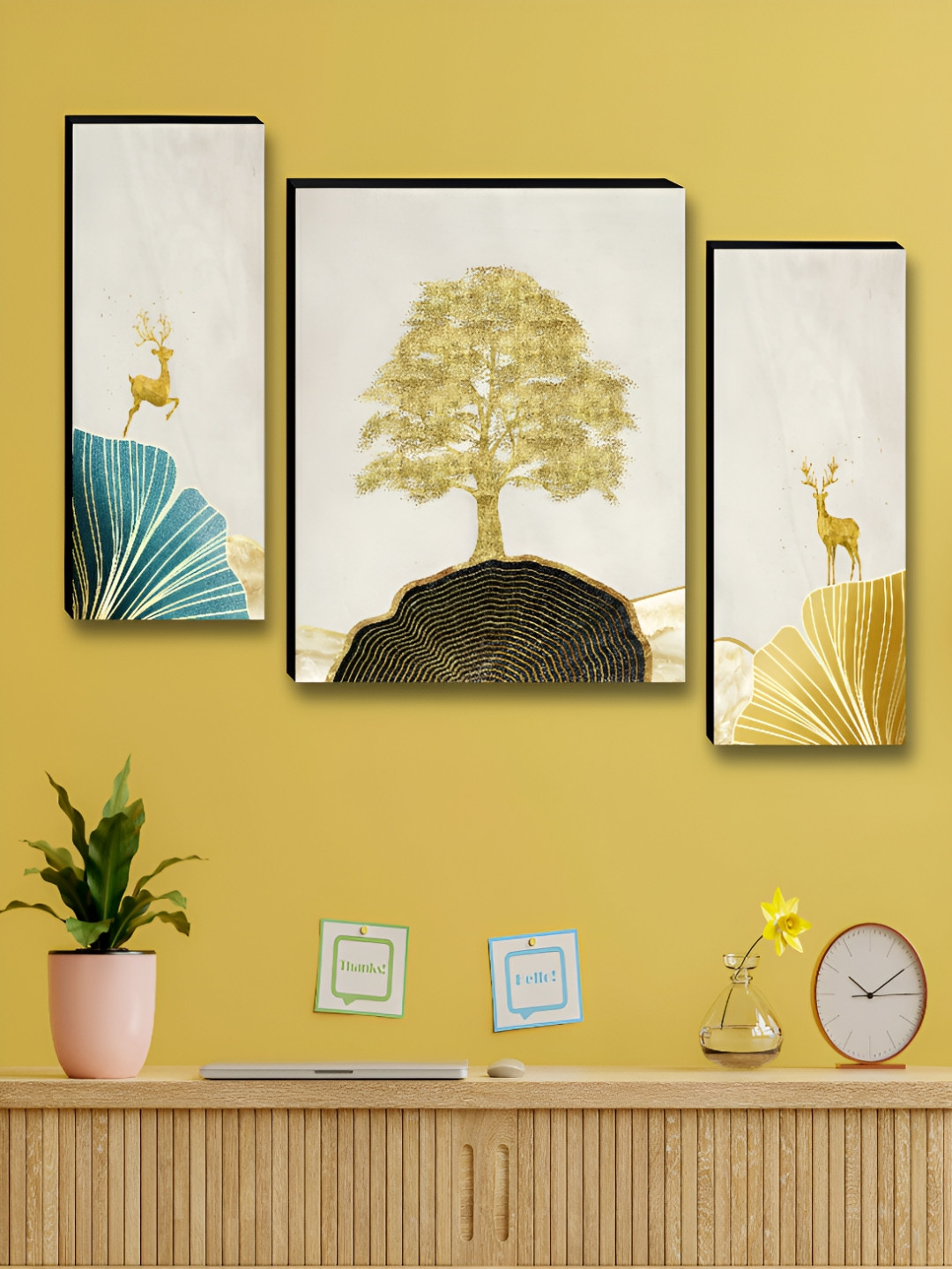 Aura Brown & Blue 3 Pieces Tree & Deer Birds & Animals Printed Wooden Wall Art