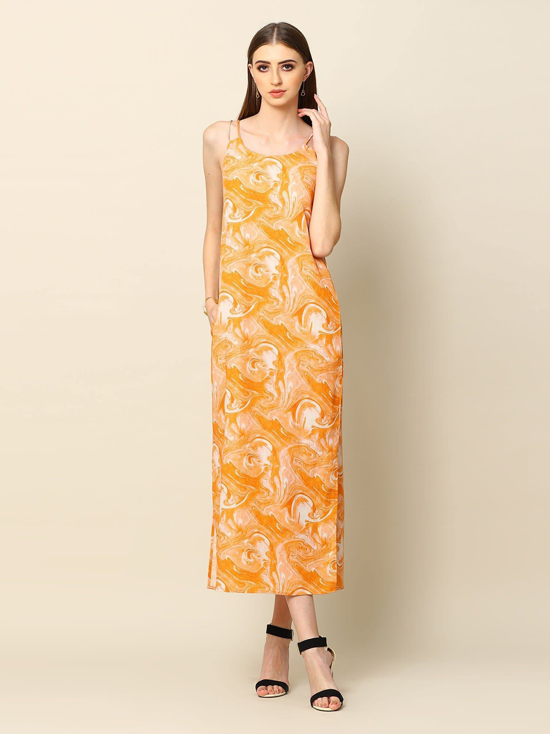 Saltpetre Women Abstract Mustard Straight fit Maxi Dress