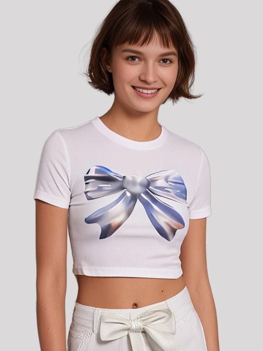 Outzidr Women White Metallic Bow Crop Top