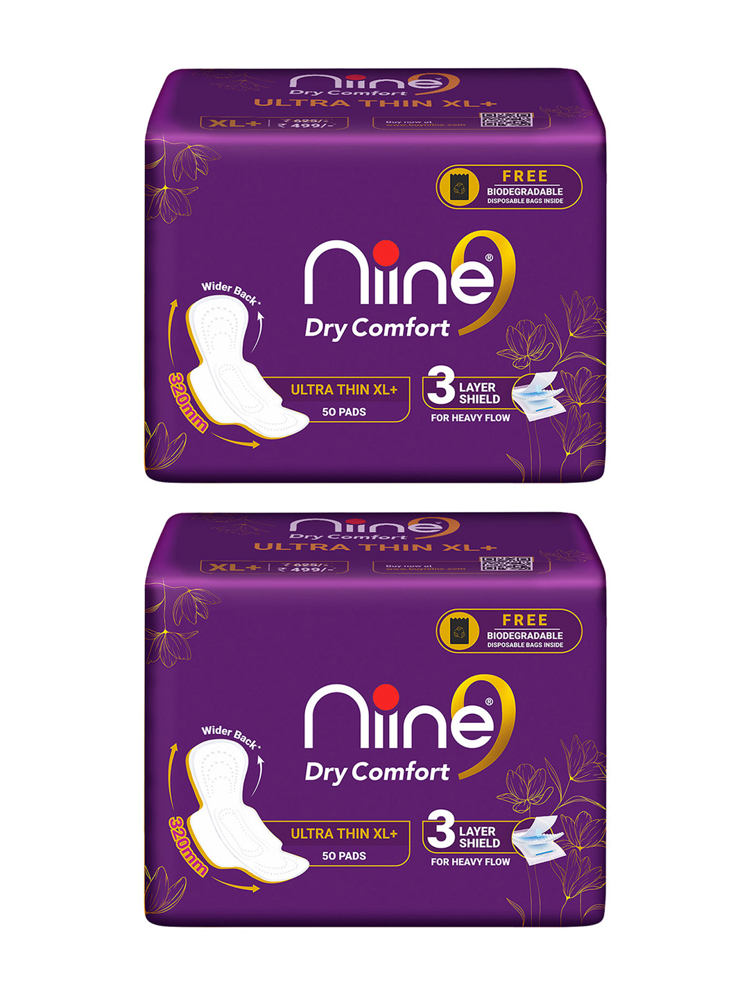 Niine Set of 2 XL+ Dry Comfort Ultra Thin Sanitary With Disposable Bags 50 Pads