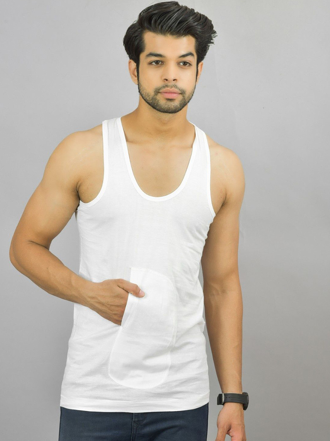 UNDERLOOP Men White Combed Cotton Pocket Vest