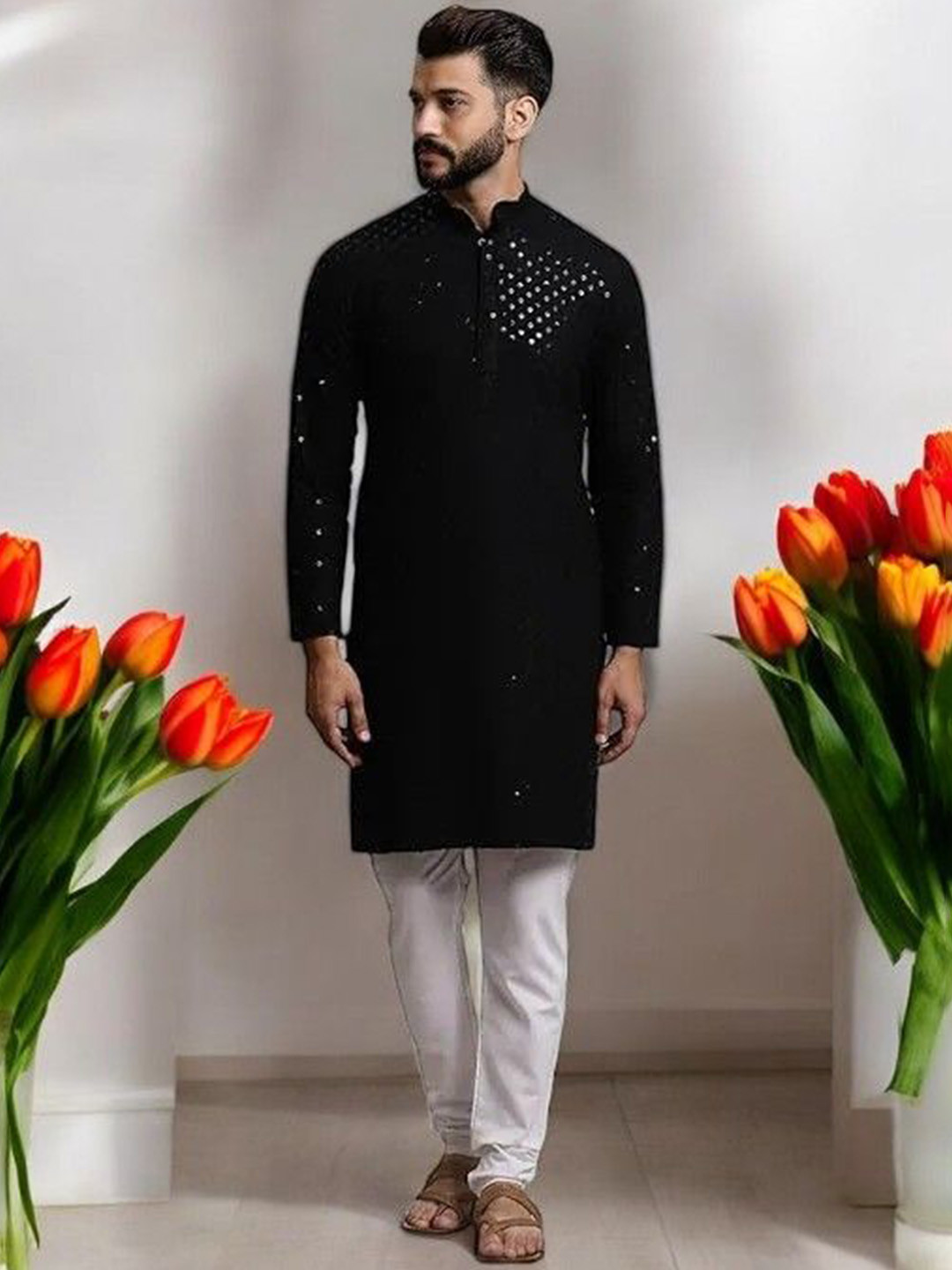 Atly Men Embroidered Regular Sequinned Kurta with Pyjamas