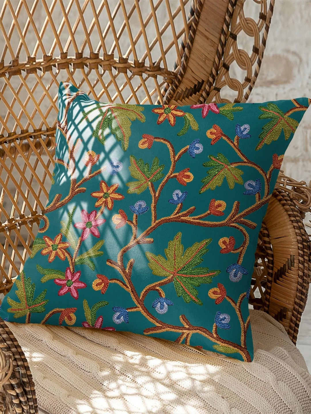 CASABLEU Varoski Kashmiri Floral Polyester 2 Pcs Embroidered Cushion Covers - 18 x 18 In