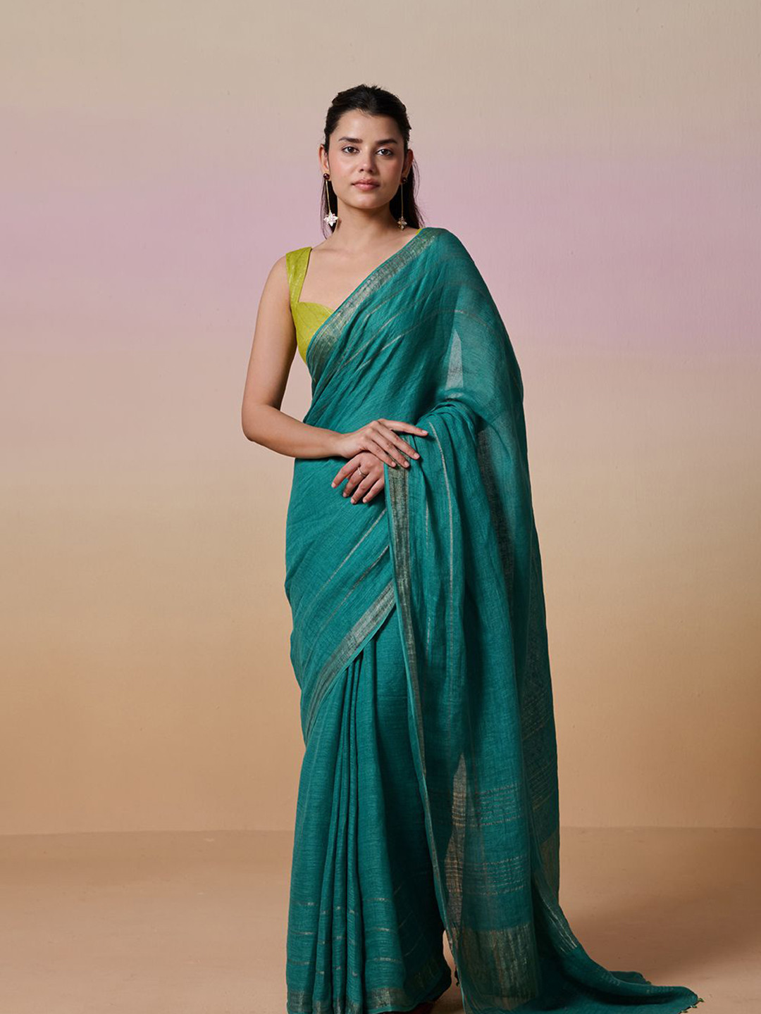 Dressfolk Linen Teal Blue Saree with blouse piece