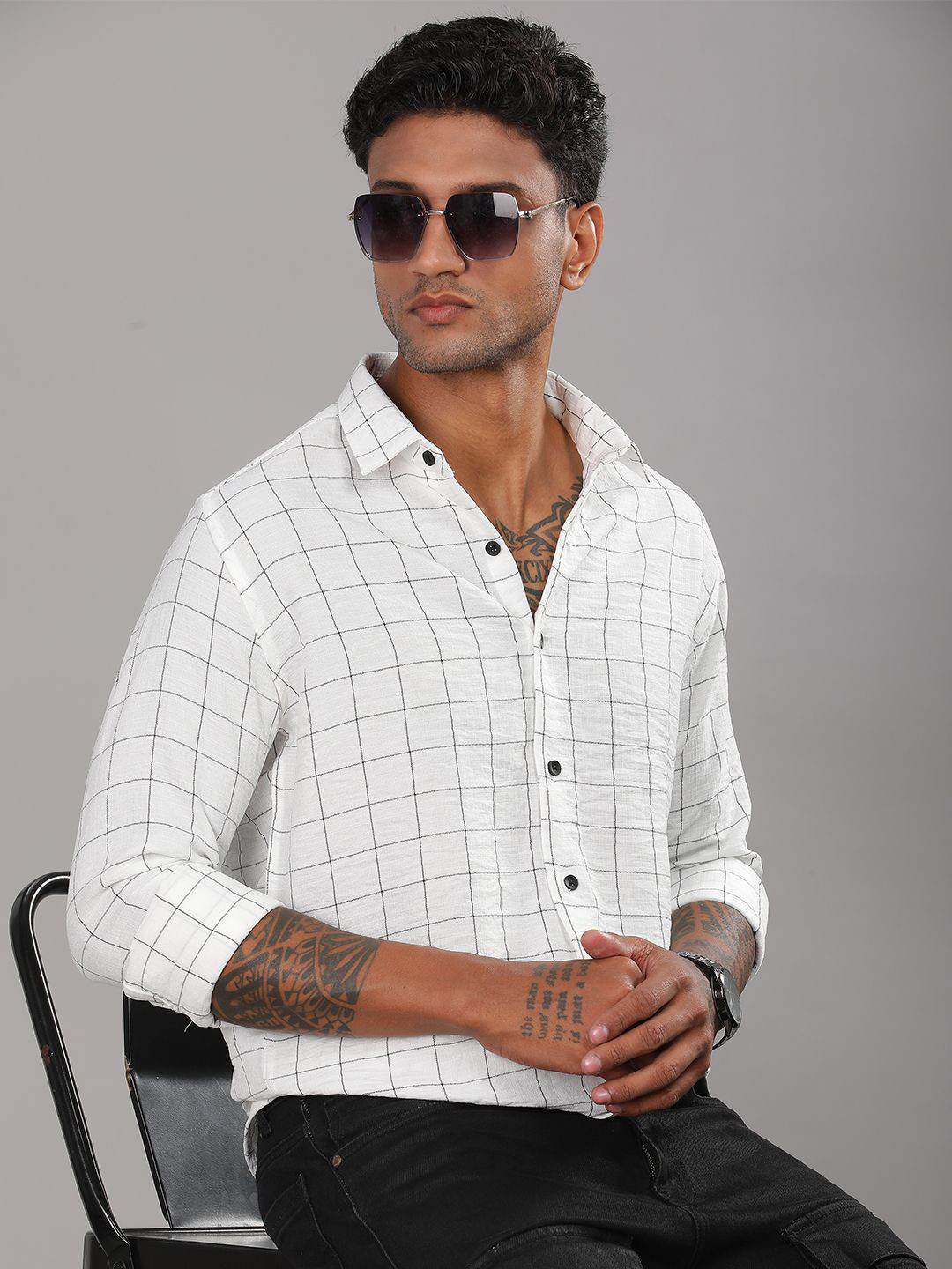 THE BEETEL HOUSE Men Standard Fit Windowpane Checked Spread Collar Casual Shirt