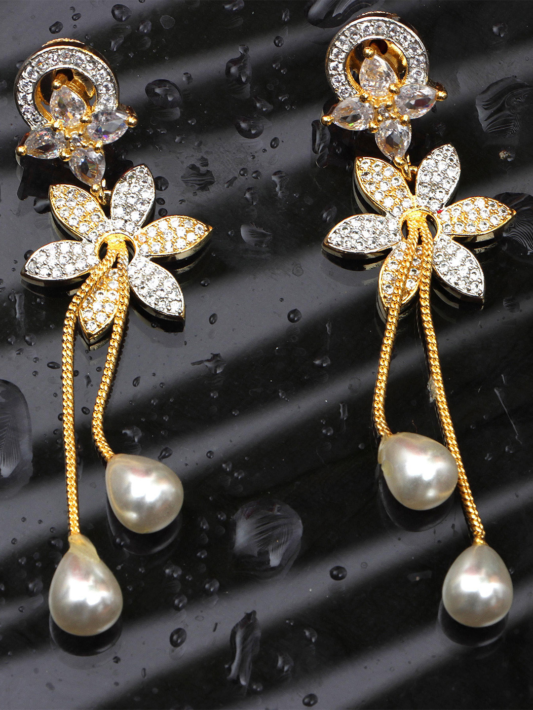 JYONA Flashy Gold-Plated American Diamond Studded Floral Drop Earrings