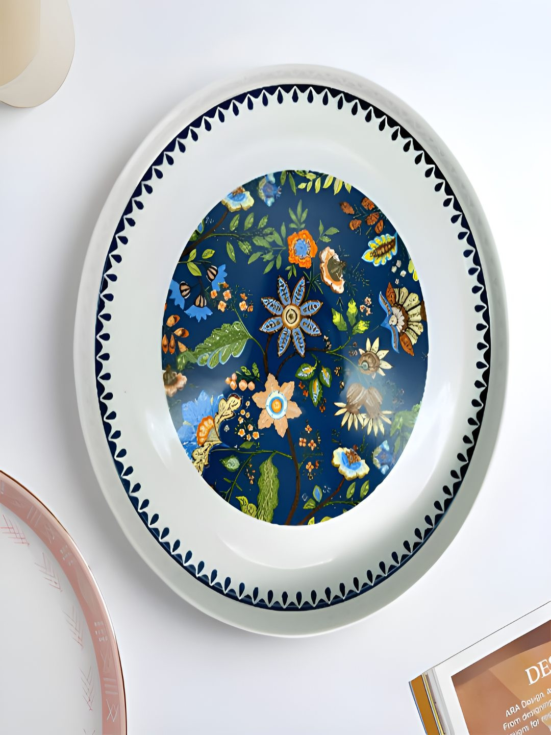 LEMONTREE Navy Blue & White Printed Glossy Ceramic Easy To Clean Oval Serving Plates