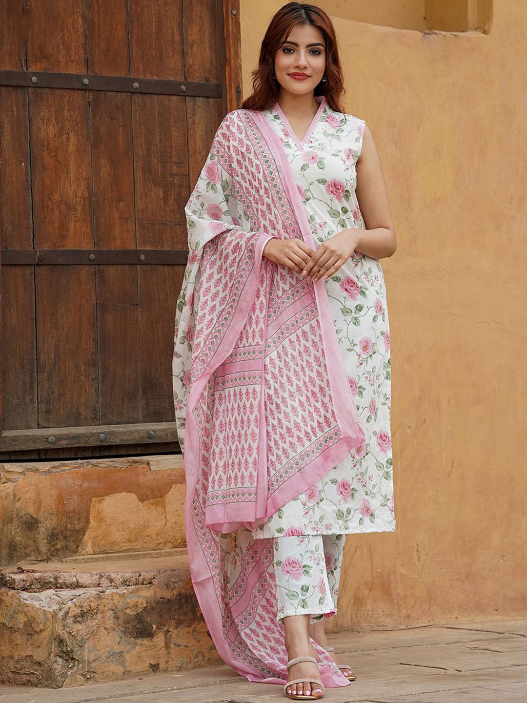 KALINI Women Floral Printed Regular Pure Cotton Kurta with Trousers & With Dupatta