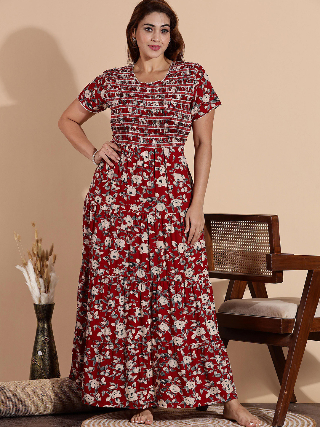 9shines Label  Women Floral Printed Round Neck Ghera Maxi Nightdress