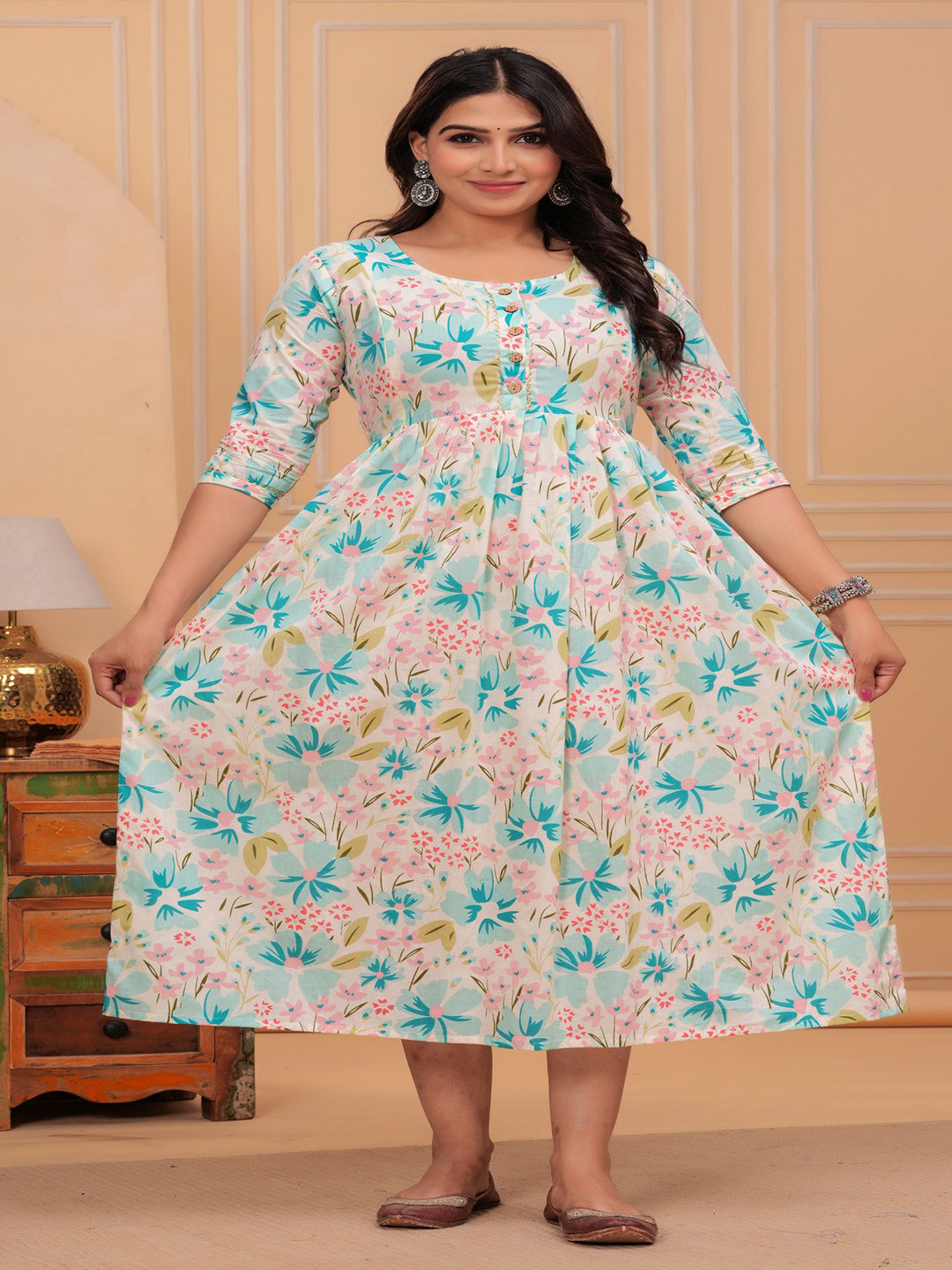 ANUOM Women Floral Cotton Maternity Midi Dress