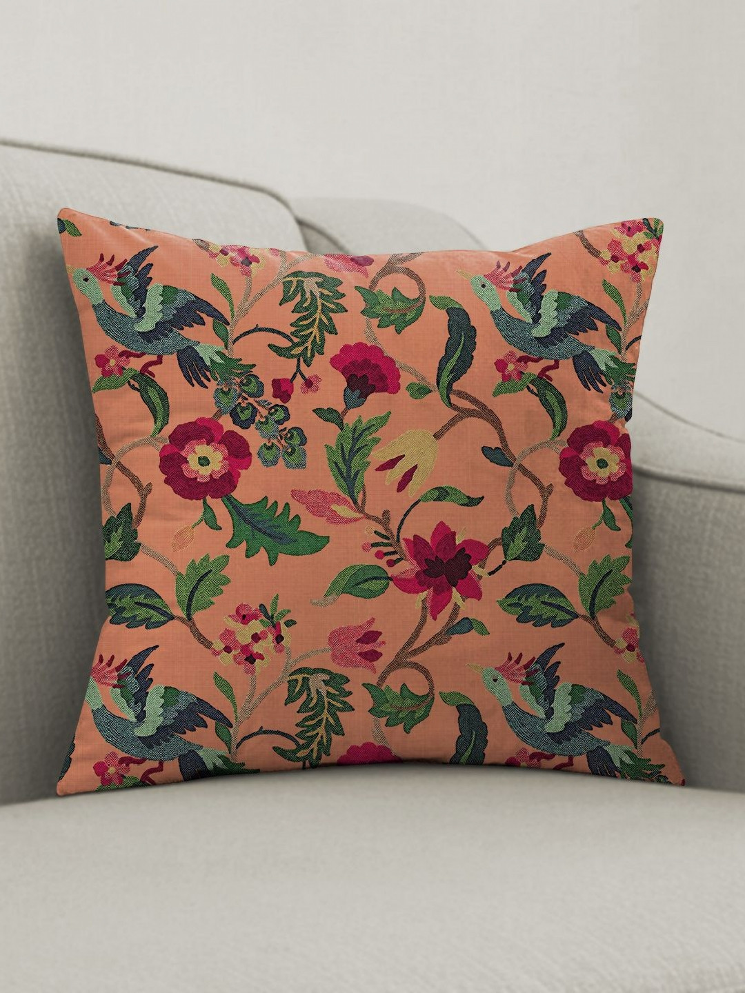 CASABLEU Cabal Peach-Coloured & Green 2 Pieces Floral Embroidered Square Cushion Covers